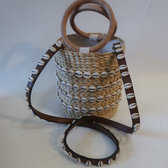 NWOT Womens Poolside NY Natural The Bobbi Straw Shell-Embellished Bucket Bag - Picture 11 of 15